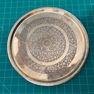 Vintage Ornate Floral Etched Metal Decorative Tray Bronze Colour 11 1/2”